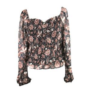 Madewell Black & Dusty Rose Cropped Smocked Floral Top L Polyester Blend 26-322